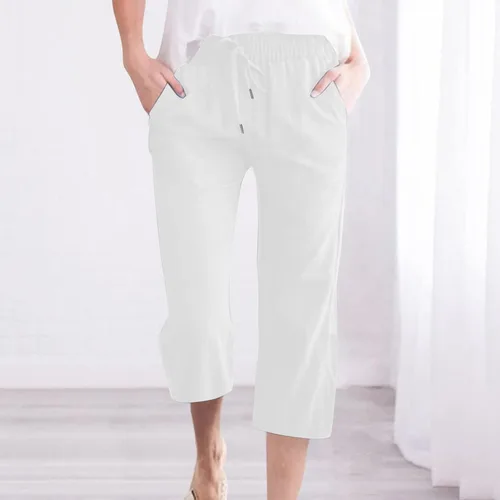 Vista 2 de Ceboyel Pantalones capri para mujer para verano, cintura elástica, pantalones de yoga, con cordón, pantalones de lino, pantalones de entrenamiento