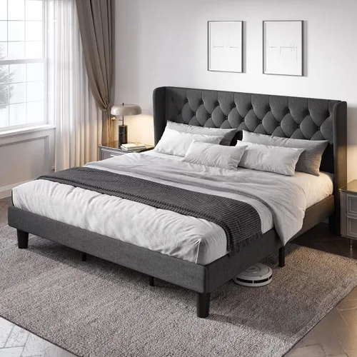 Vista 12 de Allewie Base de cama de tamaño matrimonial con cabecera copetuda con botones en la parte trasera, marco de cama tapizado moderno con soporte