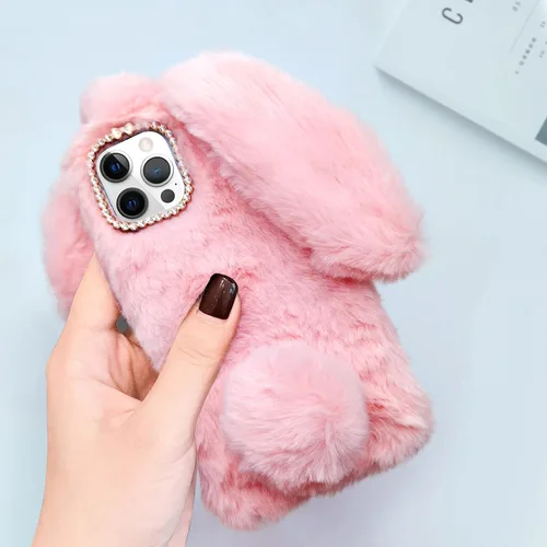 Vista 2 de Compatible con iPhone 13 Pro Max - Funda de conejo para niñas, de piel de lujo, cálida, hecha a mano, peluda, mullida, suave, 3D, oreja, pelo