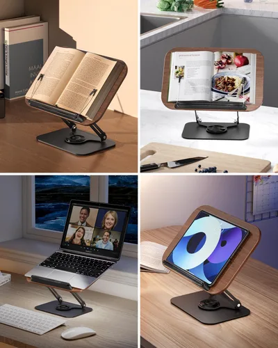 Vista 3 de Viozon - Soporte de libros para leer, portalibros, altura y ángulo ajustables, base giratoria de 360°, plegable y portátil, liviano para oficina