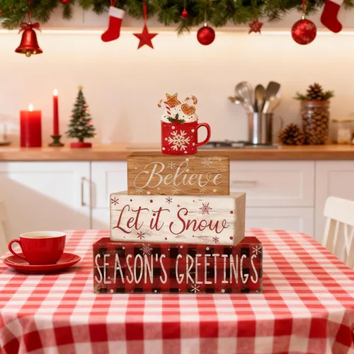 Vista 7 de 4 piezas de decoraciones navideñas para interiores - Decoración de mesa de madera de cacao para el hogar - Centro de mesa navideño para la mesa