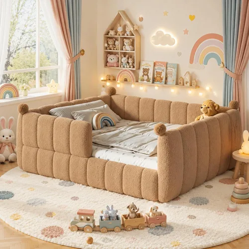 Vista 20 de Cama de suelo tapizada con valla, cama de piso tamaño individual con Beige