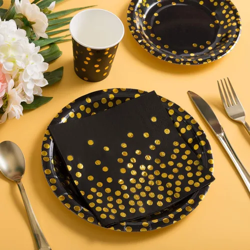 Vista 5 de HOMIX Suministros de fiesta negros y dorados, 175 piezas, platos desechables de papel negro, servilletas, vasos, tenedores de plástico dorado