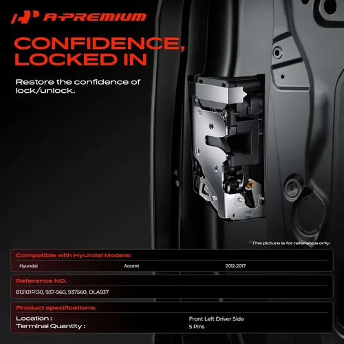 Vista 2 de A-Premium Actuador de bloqueo de puerta delantera izquierda del lado del conductor compatible con Hyundai Accent 2012-2017, conector de 5 pines