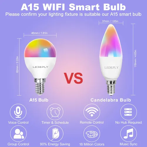 Vista 7 de Bombilla inteligente A15, bombillas LED WiFi E12, compatible con Alexa Google, paquete de 4 5W 40W Equivalent, RGB Color Changing Light Bulbs