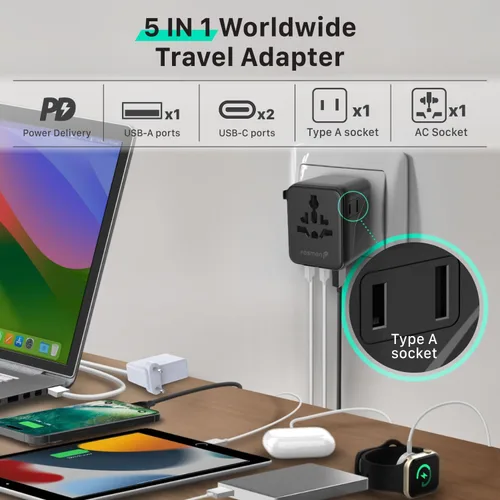 Vista 7 de Fosmon Adaptador de viaje universal PD&QC, 2AC/4USB-C/1USB-A