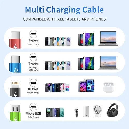 Vista 5 de Travel Essentials - Cable de carga múltiple [2 unidades de 5 pies], accesorios de automóvil, cables de carga 4 en 1, cable USB, cargador de teléfono