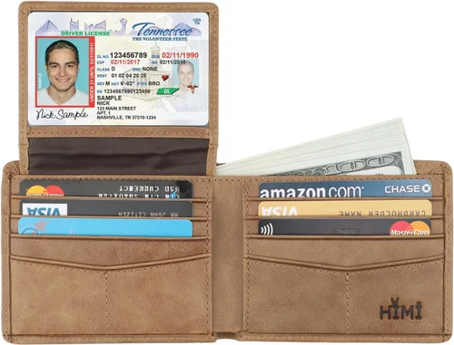 Vista 4 de Cartera de piel auténtica para hombre, con bloqueo RFID, billetera elegante con 2 ventanas de identificación