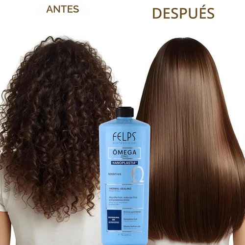 Vista 4 de Felps Professional Omega Sensitive - Nanoplastia única de sellado térmico, queratina brasileña, tratamiento alisador y alisador del cabello, sin
