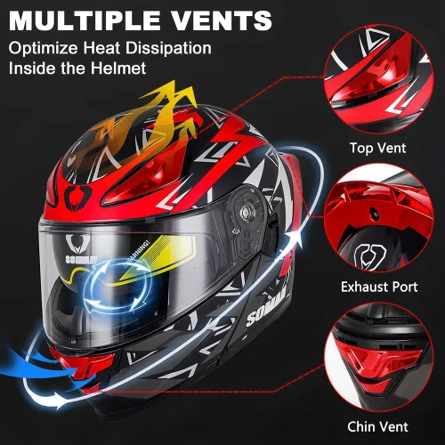 Vista 4 de Casco modular de motocicleta con Bluetooth, casco de motocicleta abatible de cara completa para hombres y mujeres con visera tintada y transparente