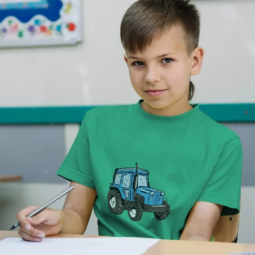 Vista 4 de Cute Rascals Camiseta para niños pequeños Tractor Rural Blue Car Auto Transportation Ropa para niños y niñas, Diseño de color rosa cálido.