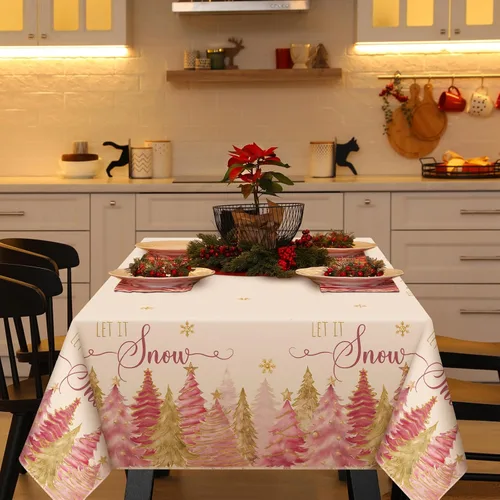 Vista 4 de Peryiter Mantel navideño rectangular de 60 x 84 pulgadas, mantel de Navidad de poliéster lavable para vacaciones de invierno, casa de campo