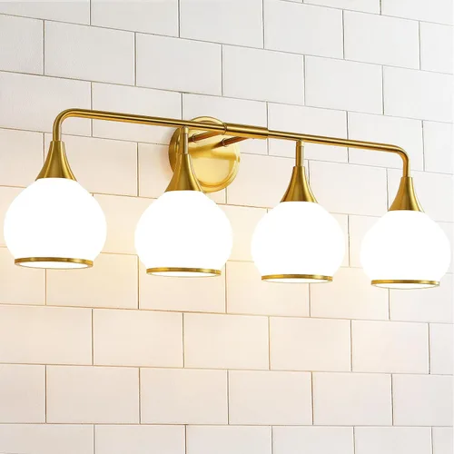 Vista 10 de Accesorios de iluminación de baño en oro cepillado, luces de tocador de 2 luces con pantalla de vidrio esmerilado blanco lechoso, lámpara de tocador