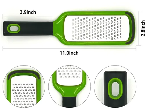 Vista 9 de Rallador de queso de mano, pelador de cítricos de limón de acero inoxidable, rebanador plano de mano para queso, limón, chocolate y especias/agujero