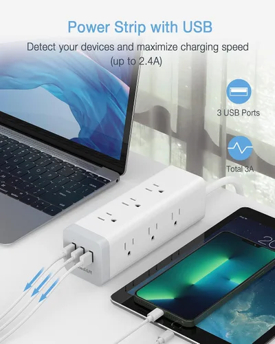 Vista 5 de TESSAN Cable de extensión largo de enchufe plano de 15 pies, regleta protectora de sobretensiones con 9 tomas, 3 puertos USB, estación de carga