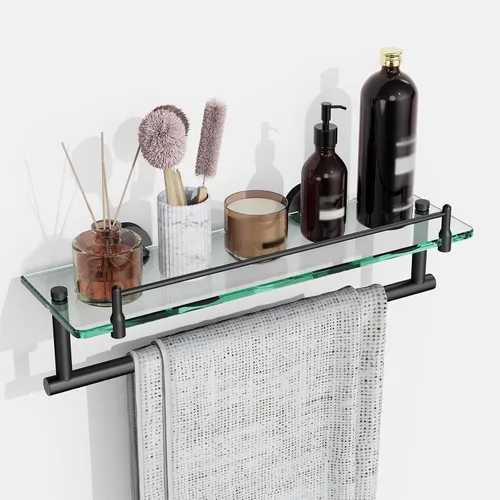 Vista 16 de Toallero con estante de 16 pulgadas, estante de baño con barra de toalla de vidrio templado, dorado cepillado moderno, acero inoxidable a prueba