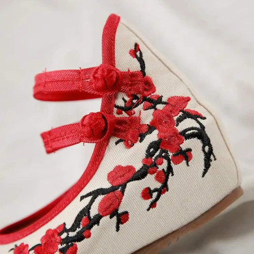 Vista 6 de YYYSHOPP Zapatos planos de lona para mujer, zapatos de plataforma oculta de lona con flor de ciruela, bordados, zapatos casuales con correa