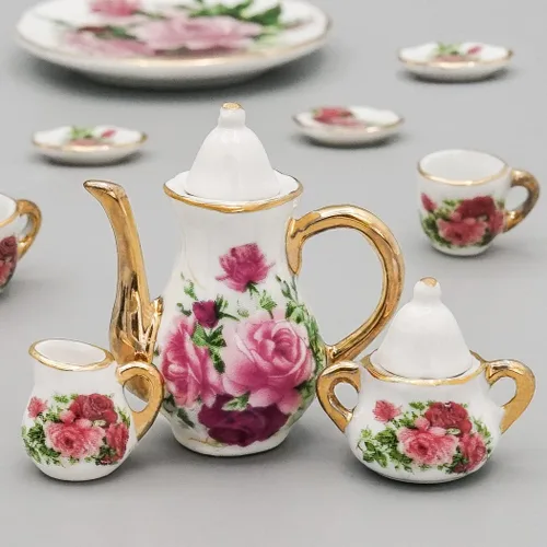 Vista 6 de Odoria Juego de té de porcelana en miniatura 1/6, 8 piezas, accesorios de decoración de casa de muñecas, rosa roja Multicolor