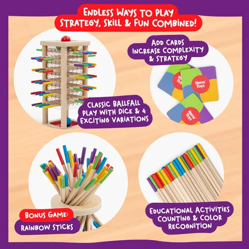 Vista 3 de Nene Toys BALLFALL - Juego de mesa de madera Montessori para niños de 3 a 9 años - Juguete educativo para habilidades motoras finas y pensamiento