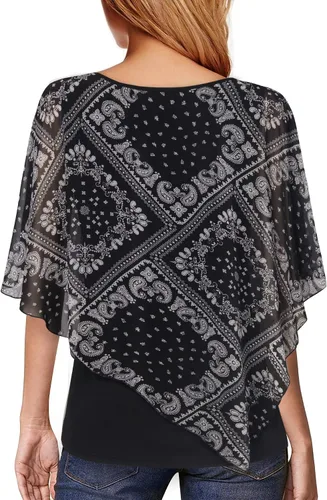 Vista 2 de Lotusmile - Blusa ligera con estampado, escalonada, de doble capa, de chifón tipo poncho, para mujer