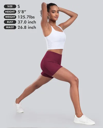 Vista 6 de CHRLEISURE - Pantalones cortos de ciclismo para mujer con bolsillos de licra, cintura alta, con control de abdomen para entrenamiento, yoga