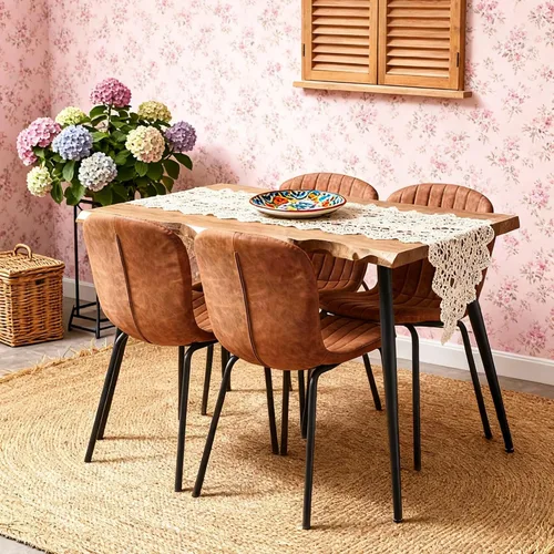Vista 12 de Juego de 4 mesas de comedor para 4 personas con sillas blancas Boucle, mesa de centro rectangular moderna de mediados de siglo, mesa de cocina
