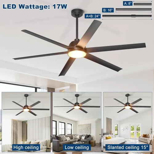 Vista 8 de Ventilador de techo de 65 pulgadas con luces, ventilador de techo negro con control remoto y aplicación, 3CCT, regulable, motor CC reversible