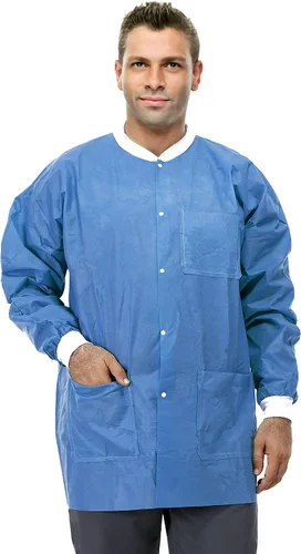 Vista 9 de Chaquetas de laboratorio desechables dentales Puños y cuello de punto suave SMS duraderos con 3 bolsillos Chaqueta de laboratorio médico Azul