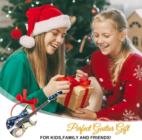 Vista 6 de D4DREAM Adorno de Navidad de guitarra, adornos colgantes de guitarra de metal para decoración de árbol de Navidad, guitarras eléctricas azules