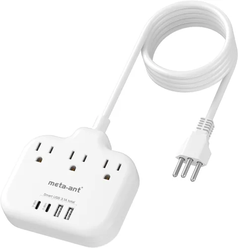 Vista 16 de Adaptador de Enchufe de Sudáfrica, Adaptador Tipo M para Sudáfrica con 3 Tomas de CA y 4 Puertos USB (2 USB C) 15.5W, Cable de Extensión de 3FT