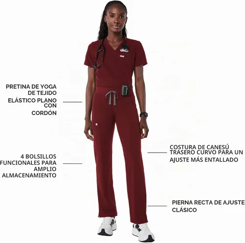 Vista 3 de FIGS Livingston - Pantalones médicos básicos para mujer, cintura de yoga, 2 bolsillos, ajuste clásico de pierna recta 2-Borgoña