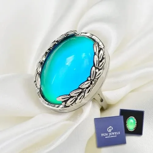 Vista 2 de Anillo de estado de ánimo ovalado de hoja de piedra con cambio de color plateado antiguo, tamaño 6-10 para mujer