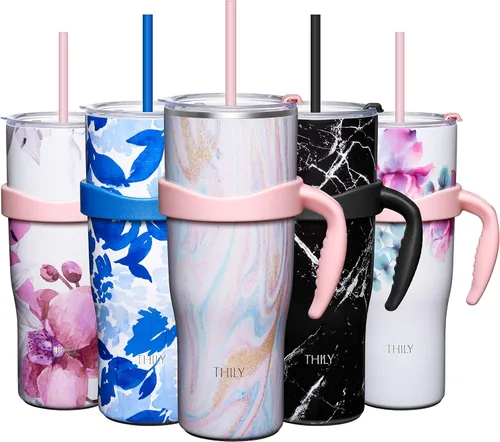 Vista 10 de THILY Vaso de 40 onzas de acero inoxidable con asa - Taza de viaje con aislamiento al vacío, tapa a prueba de salpicaduras y a prueba de fugas, 2