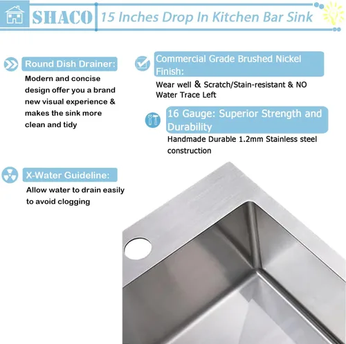 Vista 3 de SHACO Fregadero de barra de 15 x 15 pulgadas, fregadero de cocina pequeño de acero inoxidable de 15 pulgadas, fregadero de cocina pequeño de un solo