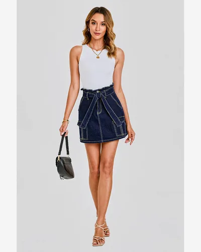 Vista 6 de luvamia Faldas de mezclilla para mujer, pantalones cortos de mezclilla de cintura alta con bolsillos, casual, lindo, cinturón de verano, falda