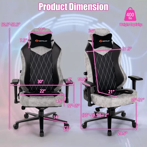 Vista 3 de Goplus Silla para videojuegos, silla giratoria de 360° en altura ajustable para computadora con soporte lumbar ajustable, reposabrazos 4D, asiento