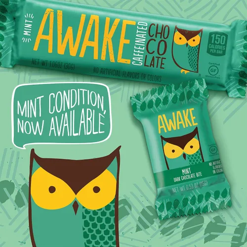 Vista 3 de Awake - Barras energéticas de chocolate con cafeína (Chocolate amargo con menta, 50 unidades (Paquete de 1))