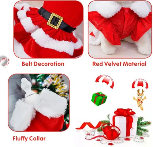 Vista 4 de Idepet Traje de Navidad para perro, vestido de Papá Noel, disfraz de cachorro, falda de Navidad para perros y gatos pequeños, ropa térmica de Falda