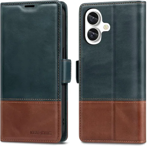 Vista 21 de KEZiHOME Funda de piel auténtica compatible con iPhone 16, con bloqueo RFID, con soporte para tarjetas, función atril magnético, funda protectora