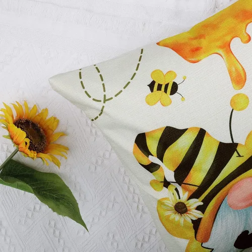 Vista 5 de Bonhause Juego de 4 fundas de almohada de 18 x 18 pulgadas con diseño de abeja de verano, diseño de gnomo de girasol, color amarillo miel, fundas