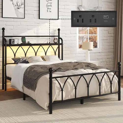 Vista 11 de E-Ser Marco de cama de plataforma de metal tamaño twin con cabecera de almacenamiento, marco de cama con luz LED, estación de carga integrada