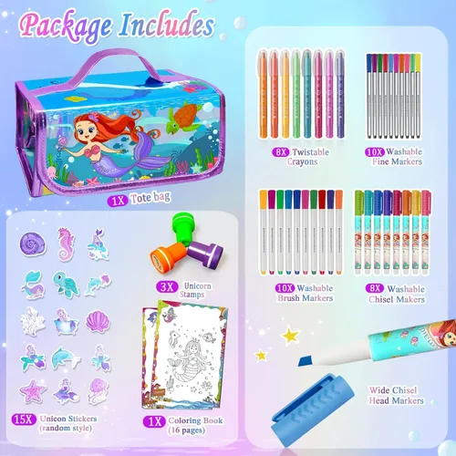 Vista 2 de weirtoya 56 marcadores perfumados lavables con estuche con purpurina, arte y manualidades de unicornio de sirena para niños de 4 a 8 años, kits