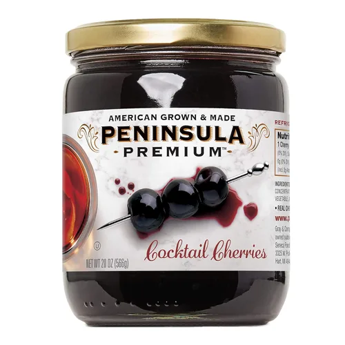 Vista 11 de Cerezas de cóctel Península Premium. Ganador de premios. Rojo borgoña intenso. Suave como la seda, rico jarabe. Lujoso sabor afrutado y agridulce.