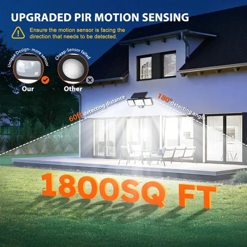 Vista 4 de WdtPro Luces solares para exteriores, 3500 lúmenes, sensor de movimiento brillante, luces para exteriores, 3 cabezales y panel de vidrio mejorado