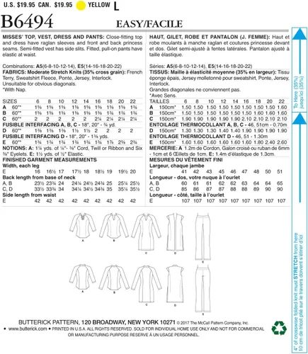Vista 2 de Butterick Patterns - Blusas y vestido de punto con mangas raglán para mujer, E5 (14-16-18-20-22)