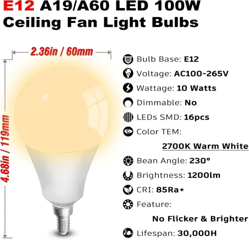 Vista 4 de ALIDE E12 Candelabro Bombillas Candelabro 100w 2700K Blanco Cálido, 3PCS