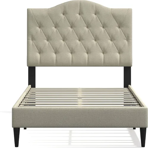 Vista 2 de Glenwillow Home OROS - Marco de cama tapizado con plataforma copetuda, respaldo copetudo, base de colchón, soporte de listones de madera, no Beige