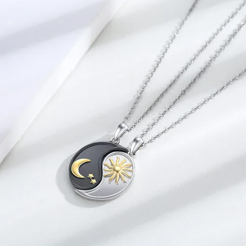 Vista 2 de XIXLES Yin Yang - Collar de plata de ley 925 con luna y sol a juego para parejas, para 2 amistades, mejores amigos, parejas, familiares
