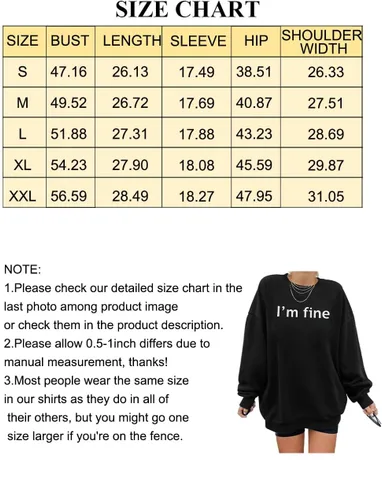 Vista 6 de Sudadera de gran tamaño para mujer, con texto en inglés "It's Fine Im Fine Everything is Fine", sudadera casual con cuello redondo y manga larga