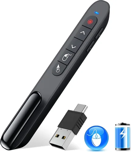 Vista 15 de Clicker de Presentación Puntero Láser Verde, Presentador Inalámbrico Puntero de PowerPoint Recargable, Puntero de Presentación RF 2.4GHz USB